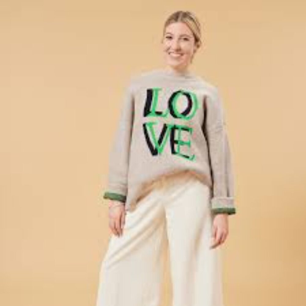 LOVE Comfy Knit Oatmeal Green Navy Women's Size Small Crew Neck Slogan Sweater
